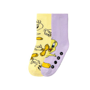 Dievčenské plyšové ponožky, 2 páry (35/38, Tweety/fialová/žltá)