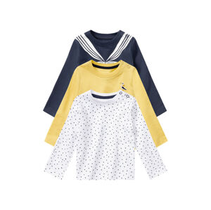 lupilu Detské bavlnené tričko s dlhým rukávom pre bábätká BIO, 3 kusy (74/80, biela/žltá/námormícka modrá)
