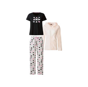 esmara Dámske pyžamo s mikinou, 3-dielna súprava (XS (32/34), ružová/čierna/srdcia)