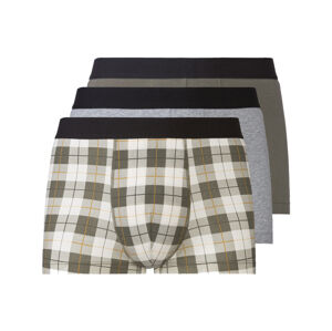LIVERGY® Pánske bavlnené boxerky, 3 kusy (XL, káro/olivová/sivá)